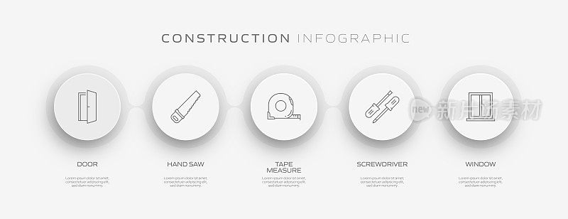 建筑行业相关流程信息图表模板。过程时间图。带有线性图标的工作流布局