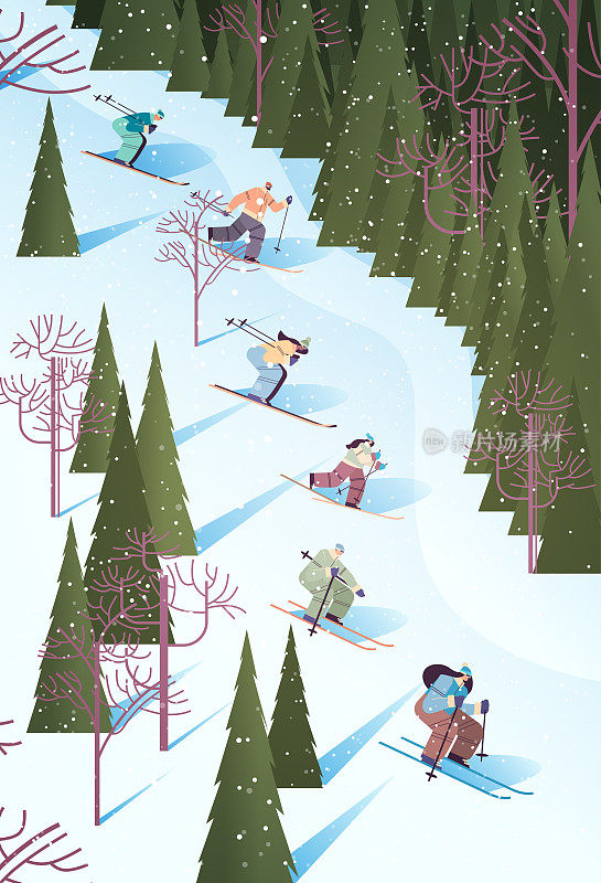 人们滑雪，男人，女人，游客跑下坡做活动，寒假概念降雪景观