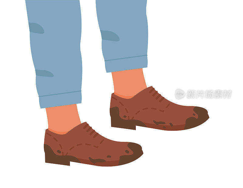 男士或女士穿棕色平底鞋，时髦的布洛克鞋，牛津鞋或德比脏鞋。男性或女性的腿在时尚舒适的皮革不洁净的鞋。泥靴的概念。矢量平面插图。