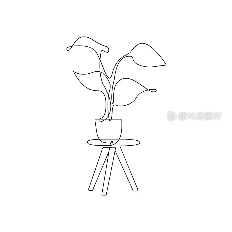 桌上的盆花连续线条图。线性轮廓室内植物为家居室内装饰时尚的斯堪的纳维亚风格的轮廓线。画矢量图