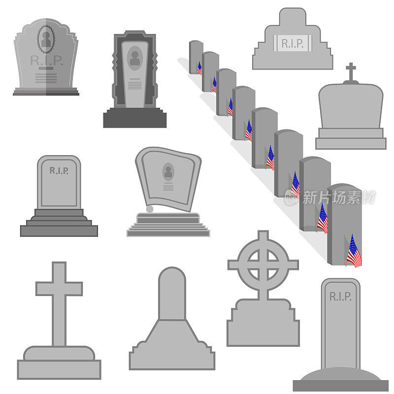 灰色墓碑图标设置孤立在白色背景上。平面设计