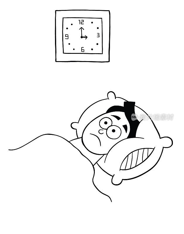 卡通人物睡不着，现在是凌晨3点，矢量插图