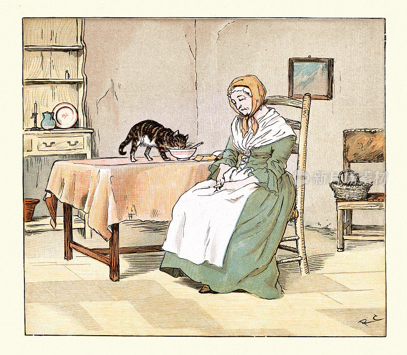一个孤独的老妇和她的猫，老年的孤独，伦道夫·凯迪克特画