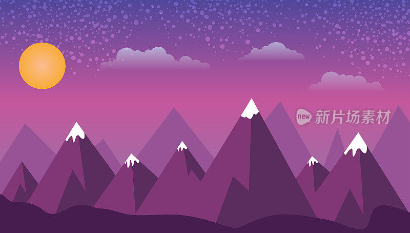 3d插图壁纸夜晚雪景。紫色的山和云彩的太阳。