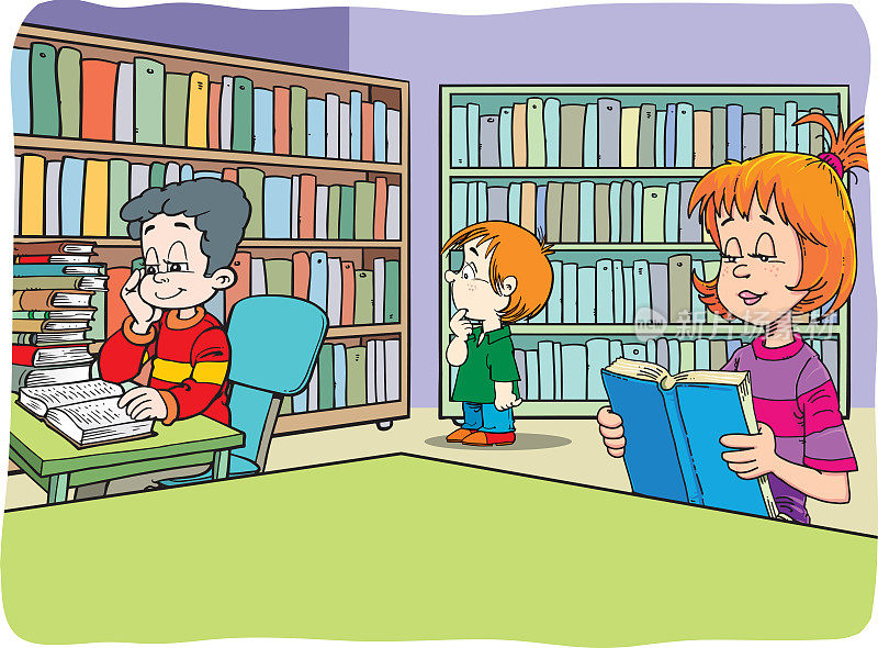 卡通孩子在图书馆学习
