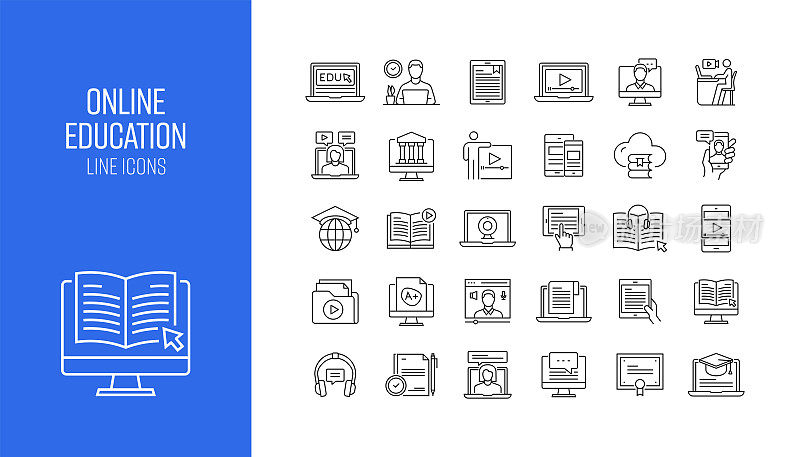 在线教育相关的线路图标集。大纲符号集合