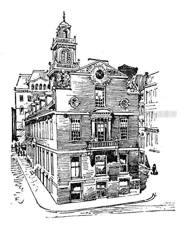 古董插图美国，马萨诸塞州的地标和公司:波士顿，老州的房子