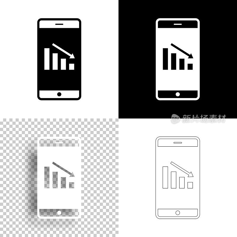 智能手机销量下滑。图标设计。空白，白色和黑色背景-线图标