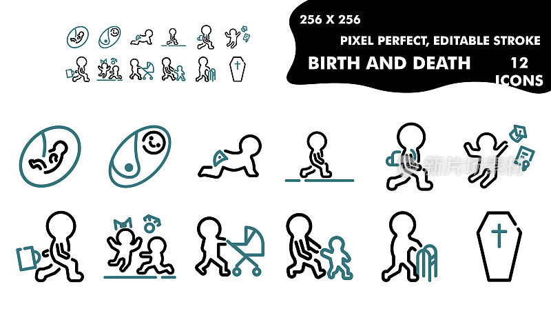 一套线性的图标循环的生命，出生和死亡。人类的生命周期。256x256像素完美，可编辑的描边，12块。