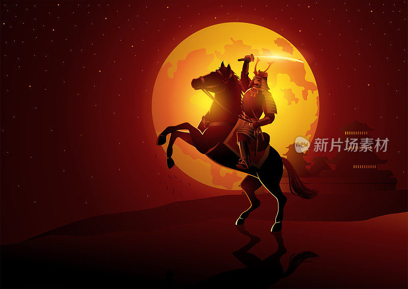 骑在马背上的武士将军，背景是满月
