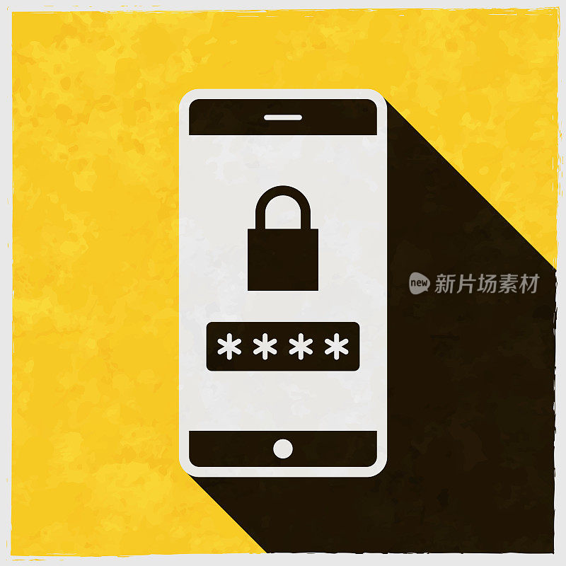 智能手机与密码。图标与长阴影的纹理黄色背景