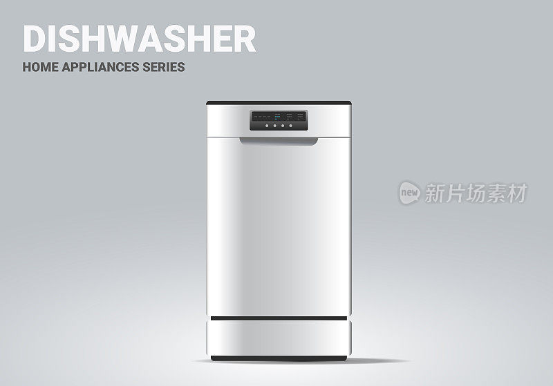 光背景上的银色洗碗机的矢量现实插图。3d风格洗碗机设计