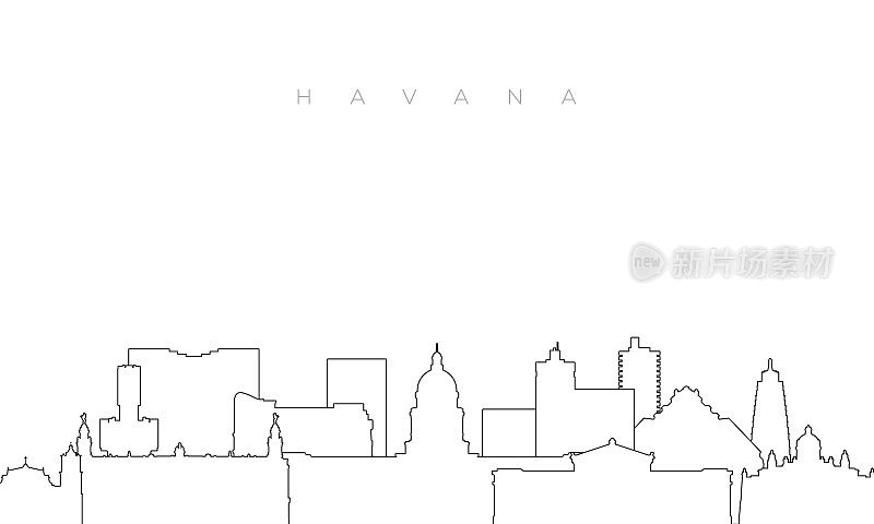 哈瓦那天际线轮廓。潮流模板哈瓦那城市建筑和地标的线条风格。股票向量设计。