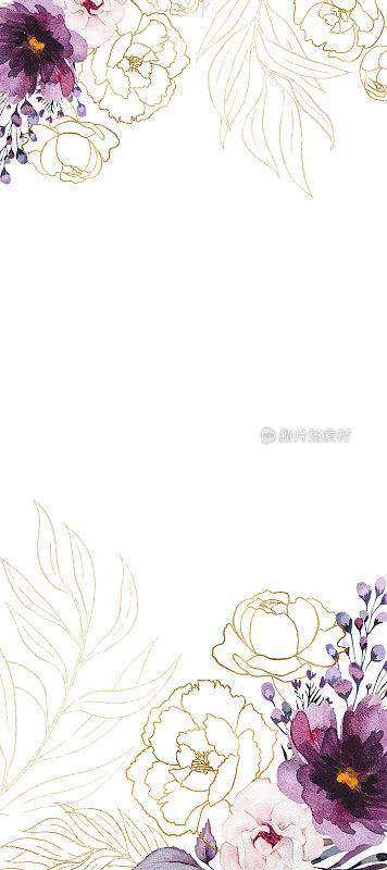 水彩画紫色和金色牡丹花插图，粉红色浪漫的婚礼菜单模板