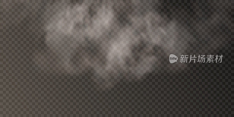半透明的烟雾隔离在透明的背景上。蒸汽效果特效。矢量纹理的蒸汽，雾，云，烟。