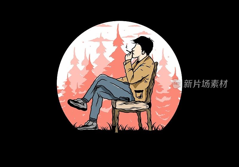 男人坐在椅子上抽烟的插图