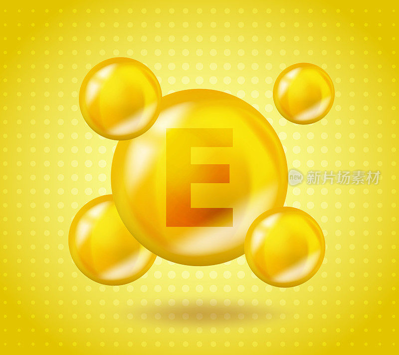 逼真的维生素E生育三烯设计。黄色营养插图概念。3D维生素复合物E生育三烯设计。滴药胶囊。