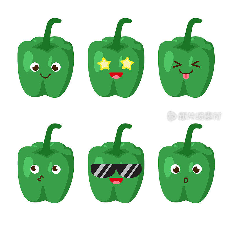 一组红辣椒表情包。卡哇伊风格的图标，蔬菜角色。矢量插图在卡通平面风格。一组有趣的微笑或表情符号。良好的营养和素食观念。说明对孩子