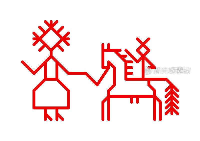 向量国家的观赏性概念有红色简单象征母亲骑在马上的儿子。骏马上抱娃的轮廓图案是卡累利阿和芬兰民族的传统装饰元素
