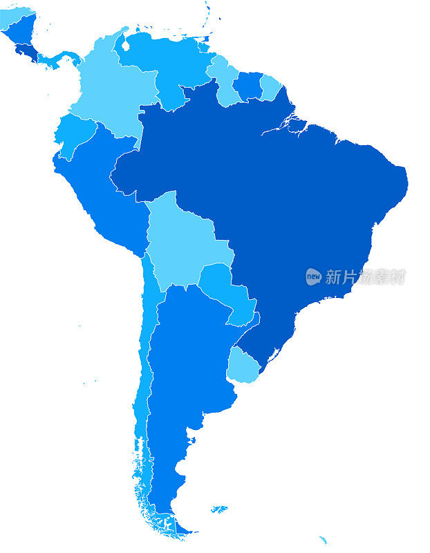 南美高详细的蓝色地图与国家和国际边界