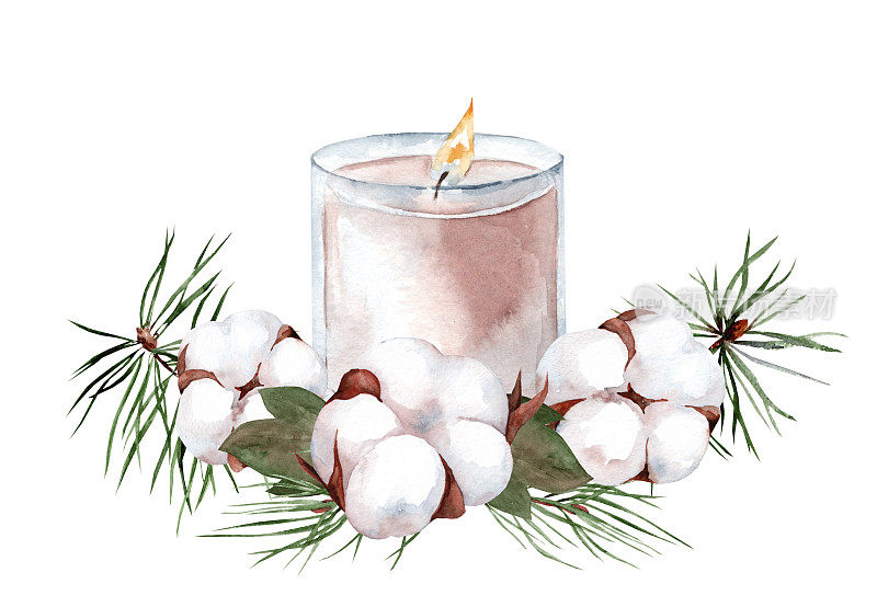 圣诞节或降临节背景与燃烧的蜡烛装饰棉花和圣诞树