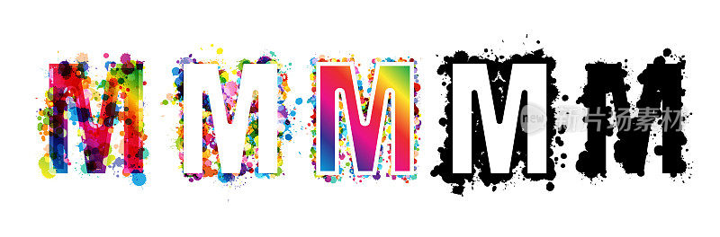 字母M与彩虹和黑色油漆飞溅装饰元素。彩色M字母象征集合。艺术风格的矢量插图。