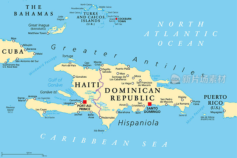 伊斯帕尼奥拉岛及其周边，加勒比海岛屿，政治地图