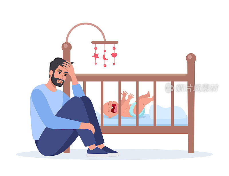 年轻疲倦的爸爸晚上在婴儿床上哭。不开心的爸爸，精疲力尽，压力很大，躺在新生儿的婴儿床旁。孩子歇斯底里地哭着，拉着把手。矢量插图。