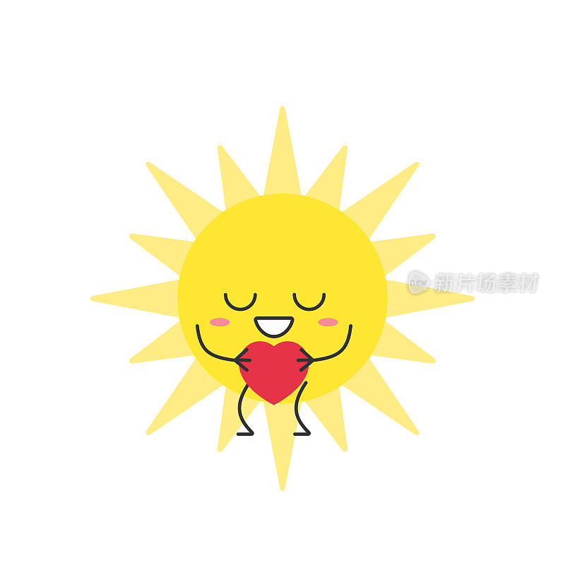 人物卡通可爱的太阳爱的心微笑的脸符号夏天温暖的炎热的天气阳光快乐的卡哇伊快乐的情绪图标矢量插图。