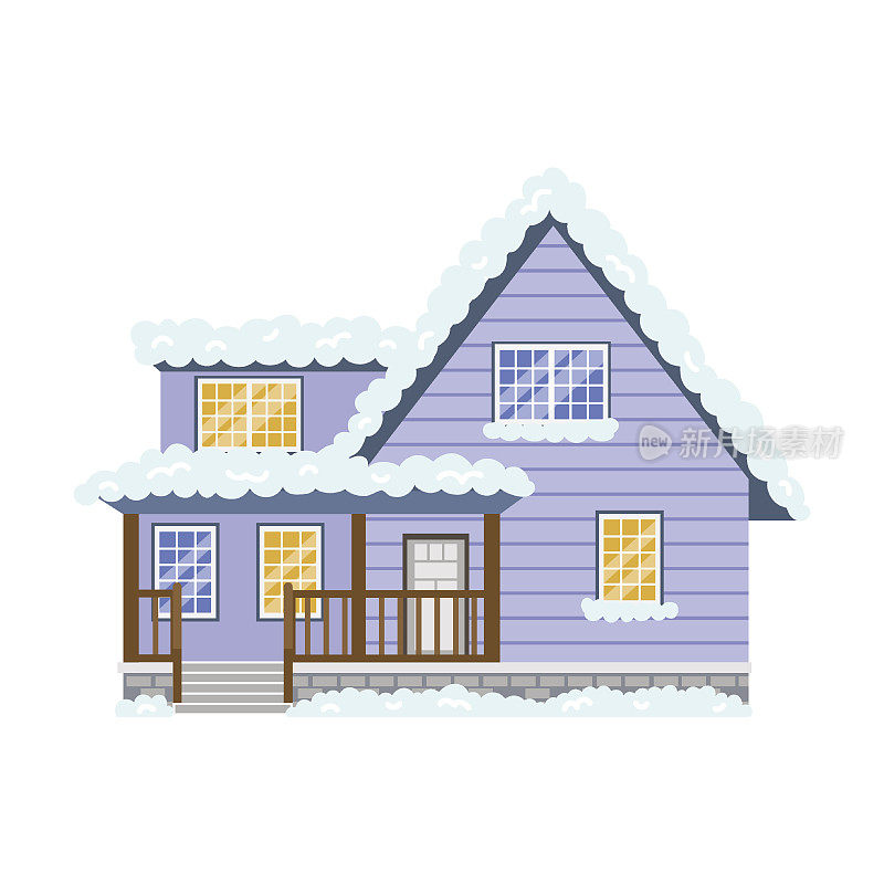 房屋的立面与门廊和台阶在冬季矢量插画。白雪覆盖的乡村或城镇的小屋或小屋，白色背景的烟囱孤立的建筑