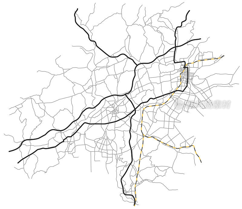 仓敷市地图(日本)——城镇街道平面图。道路方案单色线形图。城市环境，建筑背景。向量