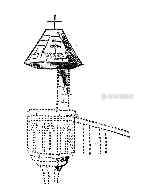 古董雕刻插图:讲坛音板，测试仪，abatvoix