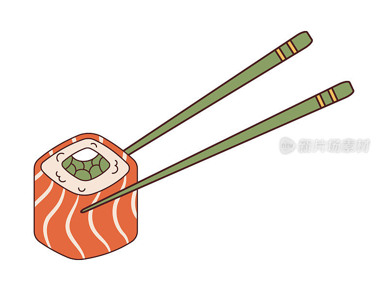 矢量费城寿司和筷子在复古风格。木筷子夹寿司卷。