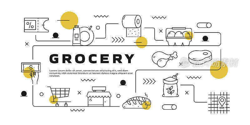 杂货矢量信息图。设计是可编辑的，颜色可以改变。矢量创意图标集:面包店，鱼，肉，鸡，咖啡，购物篮，鸡蛋