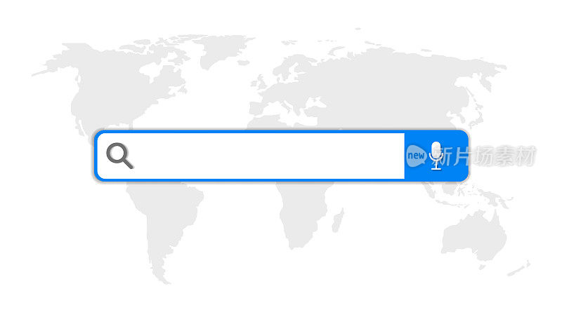 搜索栏。世界地图上的互联网浏览器图标。用于在web中查找的按钮。网站网址及链接。网站的导航框设计。计算机，seo和www的符号。向量