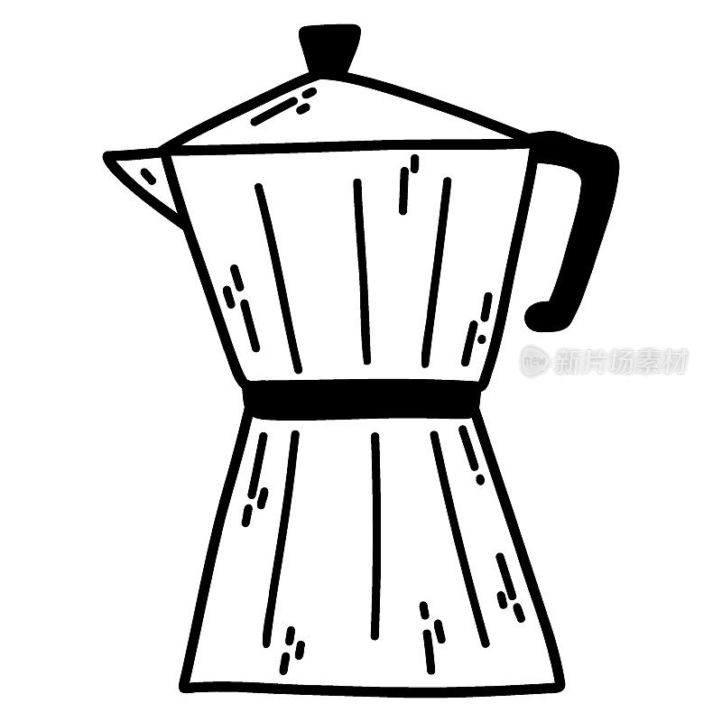 手绘涂鸦意式咖啡机。意大利浓咖啡机的矢量插图，摩卡壶