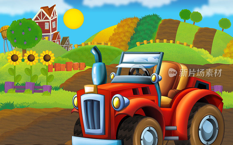 卡通场景与牧场农场场景在夏季插图儿童