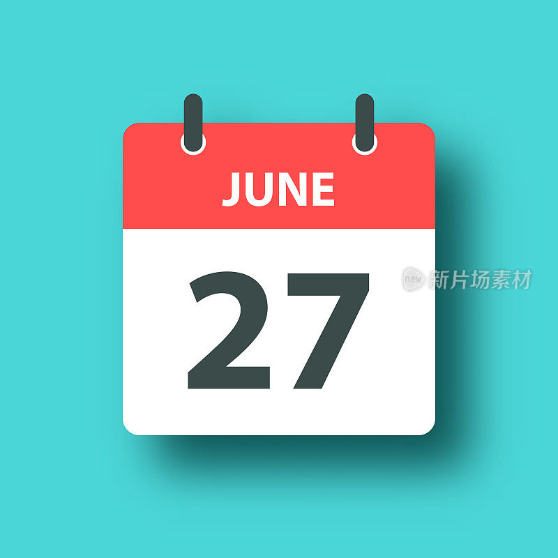 6月27日-每日日历图标在蓝色绿色背景与阴影