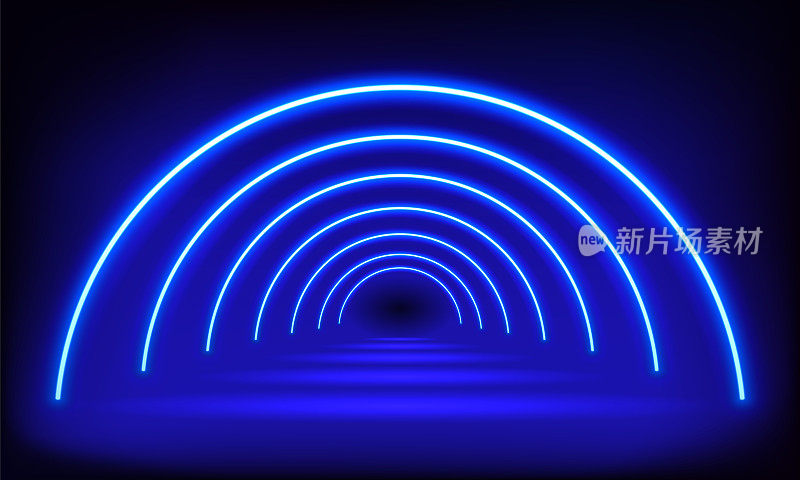 讲台，道路，基座，平台在圆形霓虹灯发光射线在蓝色背景。舞台上有风景灯光。抽象3D霓虹灯背景。霓虹灯魔术运动半圆形。矢量图