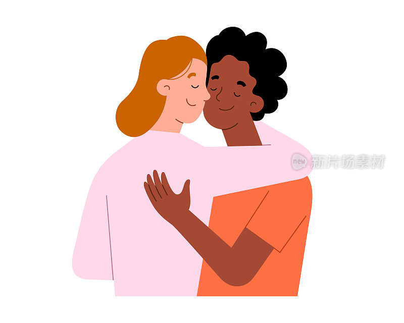 女性的友谊。两个年轻女子相互拥抱，女友拥抱，支持和信心的概念，种族多样性，矢量插图