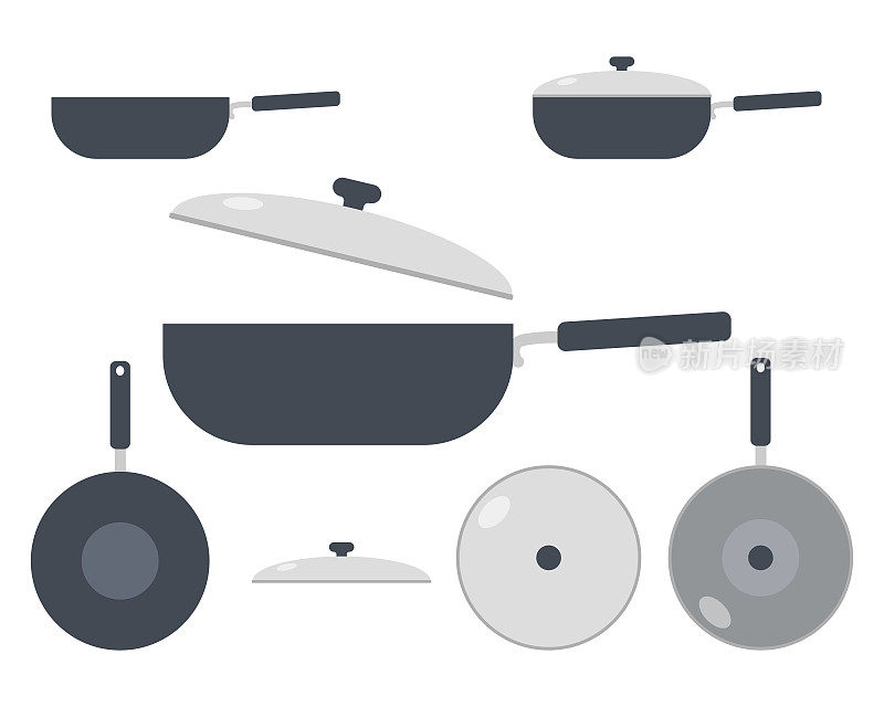 一组深煎锅图标剪贴画矢量插图。厨房深煎锅标志平面矢量设计。带盖和不带盖的煎锅图标。不锈钢锅卡通剪贴画。厨房的概念