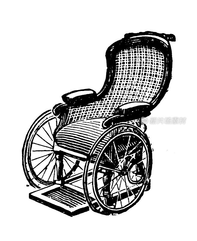 来自英国杂志的古董图片:轮椅和残疾人车厢和椅子