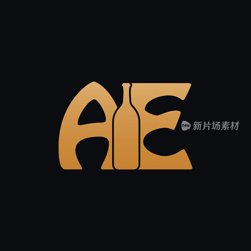 字母AE标志与酒瓶设计矢量插图在黑色背景。酒杯字母AE标志设计。为葡萄酒公司品牌设计美丽的标志。