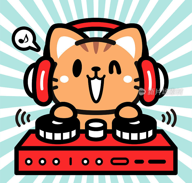 可爱的角色设计,一只小猫戴着耳机,在唱盘上演奏