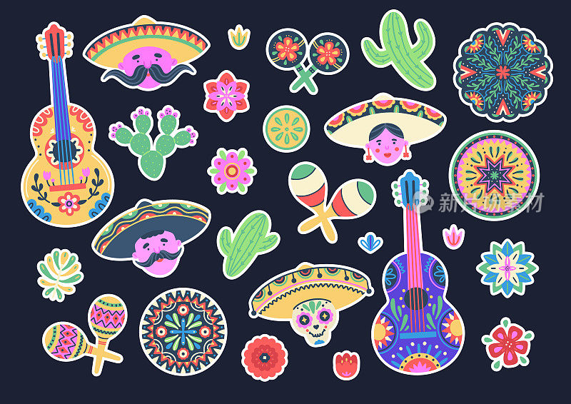 五月五日节的贴纸。五彩缤纷的墨西哥节日剪纸集白色笔画在黑暗的背景。墨西哥流浪乐队，吉他，沙球，花，仙人掌，曼荼罗