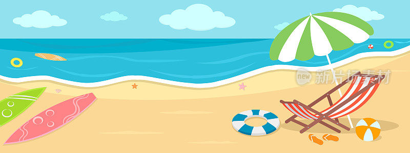 快乐的夏天沙滩横幅矢量插图，彩色背景甲板椅子，伞，游泳环，冲浪板，球，海星，贝壳在海边海岸，阳光明媚的日子里的户外活动。