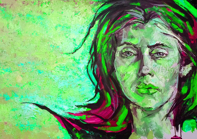 插图油画肖像脸的年轻女子与长黑发在绿色的背景