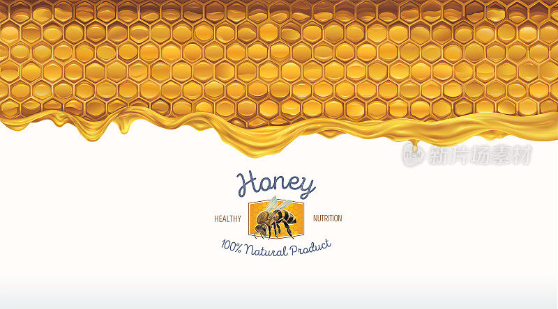 蜂巢与蜂蜜，和一个象征性的简化形象的蜜蜂作为纹理背景的设计元素。