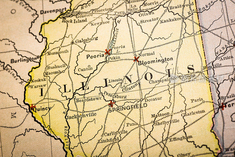 古董地图集地图宏观特写:伊利诺伊州