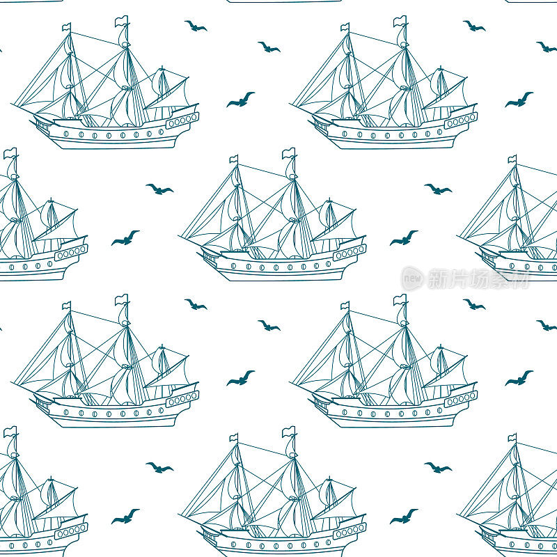 无缝图案，蓝色的海船，护卫舰，白色背景上海鸥的帆船。航海的背景